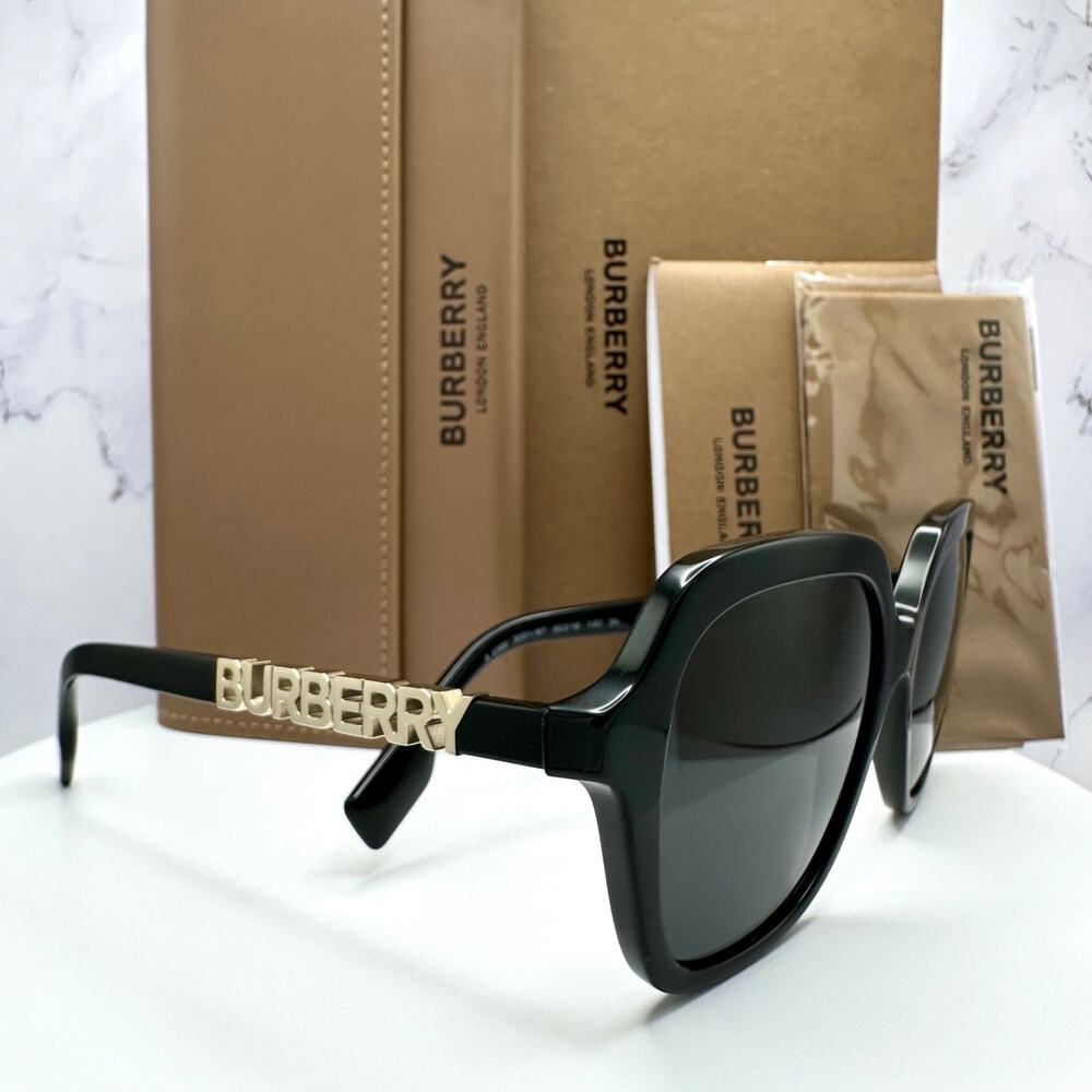 New Burberry Sunglasses Black Square Gold Metal Cut Out BURBERRY Logo Womens - Picture 10 of 16